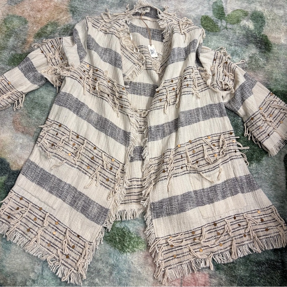 World Market L/XL Striped Fringe Open Front Woven Jacket NWT